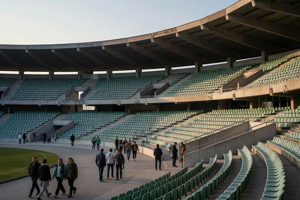 Austrian football ground, a historic two-tier concrete bowl with green seats, calm evening light, supporters arriving