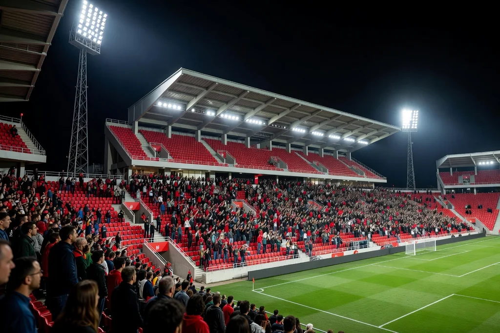 Portuguese football ground with tall modern stands and red seats, floodlit night, packed with supporters