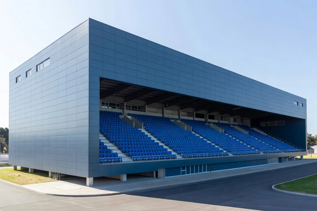 Portuguese football stadium with modern grey-blue cladding and blue seats, clean daylight exterior view