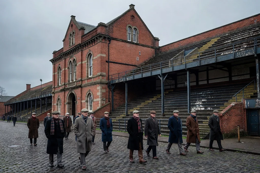 Historic Scottish football ground with a red-brick Victorian main facade and tiered stands, grey overcast sky