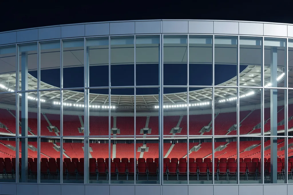 Dutch football stadium with a modern glass facade and red seats inside, illuminated at night
