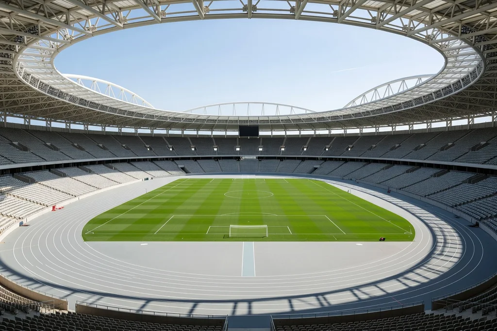 Modern combined athletics and football stadium, white roof trusses and a wide oval bowl