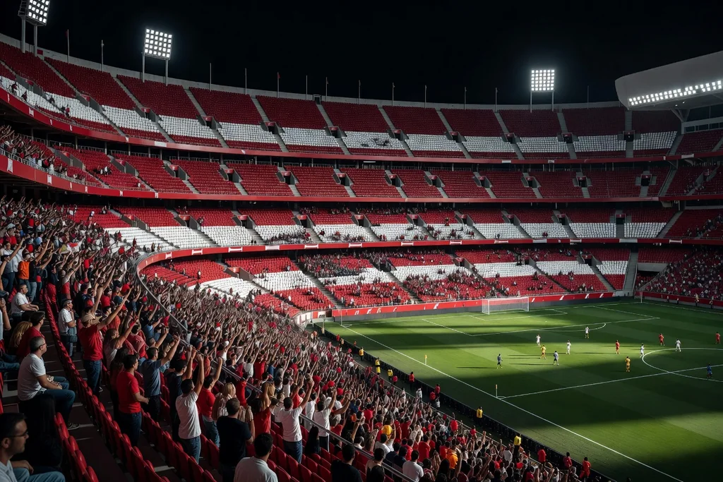 Modern Spanish football stadium with steep single-tier ends and red and white seats, night lighting, packed crowd
