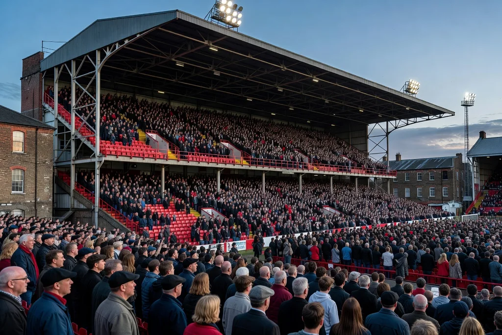 Large historic English football ground, towering three-tier cantilevered stand packed with supporters, red seats