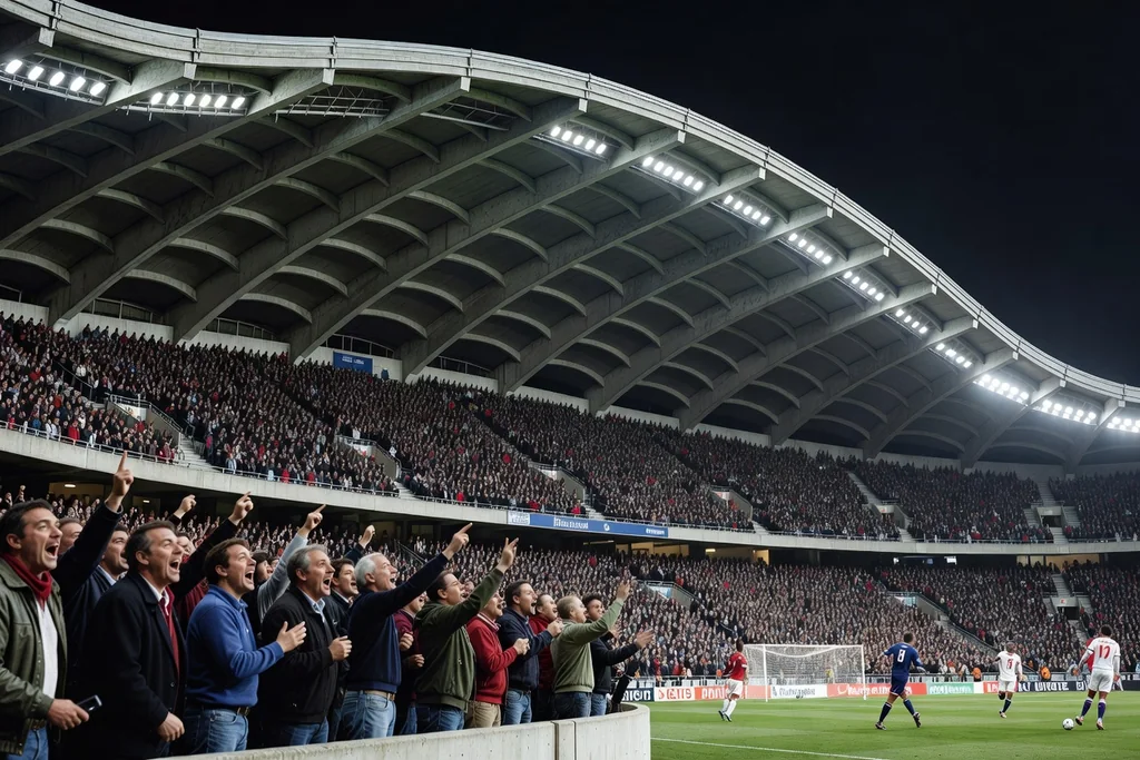 French football ground with a distinctive curved roof and concrete ribs, floodlit at night, full stands of supporters