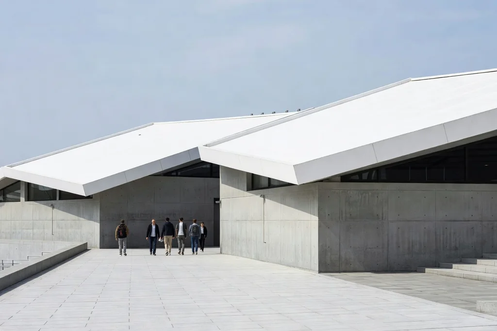 A modern Danish football stadium exterior in daylight: compact concrete and white-roofed stands