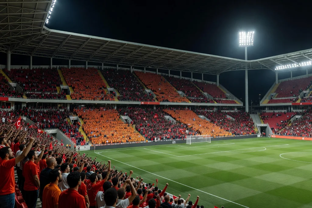 Modern Turkish football ground with steep stands and red-orange seats, floodlit night, lively crowd