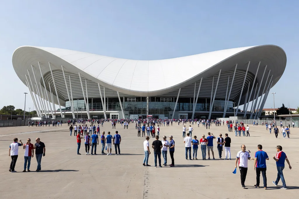 Huge French national football stadium with a sweeping white roof structure, wide exterior in daylight