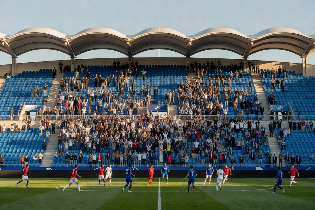 French football ground with a wavy white roof over a huge full stand, blue seats, evening light, lively crowd