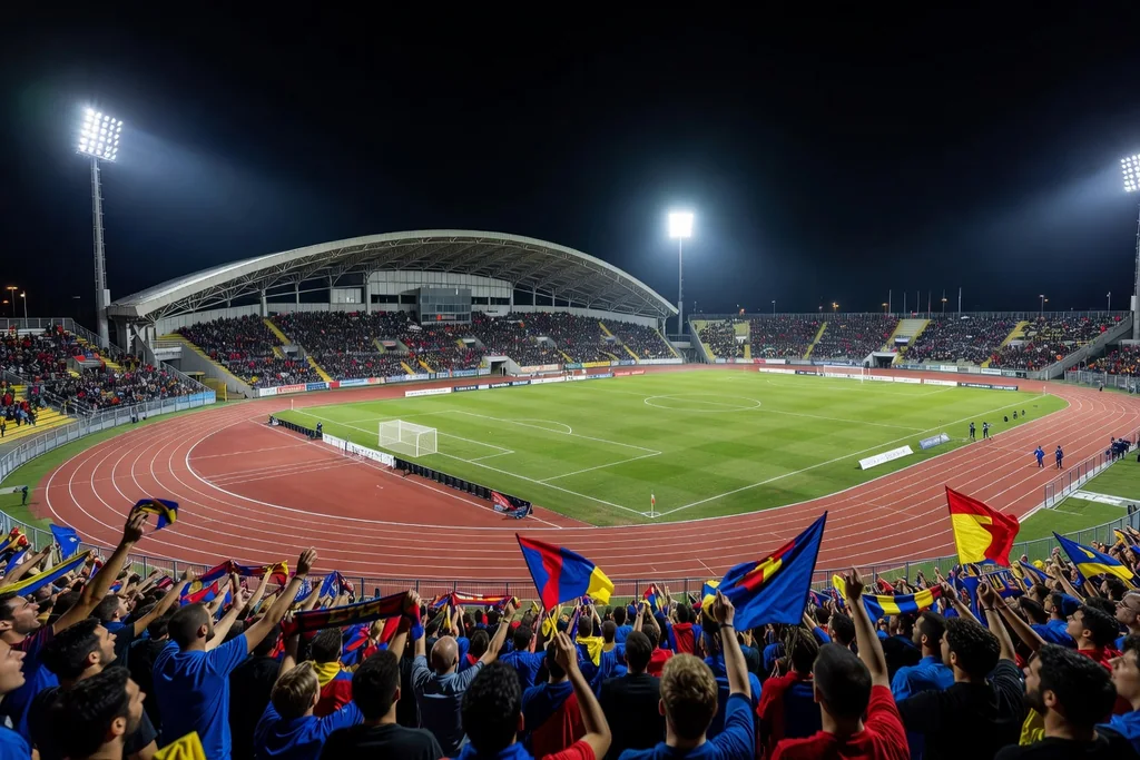 Italian football ground inside an athletics track, curved roof over the main tribune, floodlit night