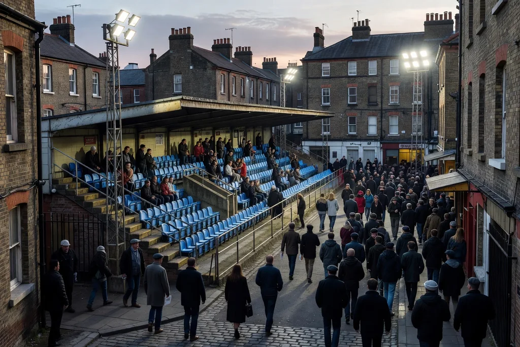 Compact historic London football ground hemmed in by buildings, low tiered stands, blue seats