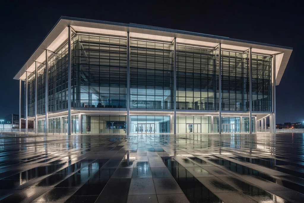 Contemporary glass-and-steel football stadium exterior at night, softly illuminated facade