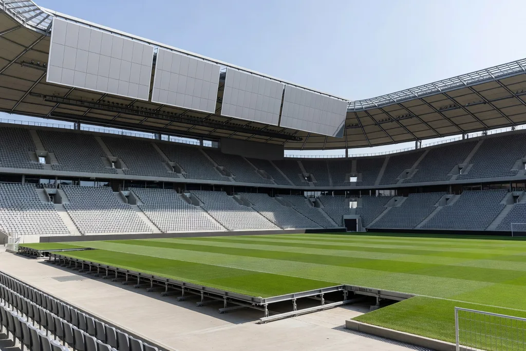 German football ground with a retractable roof and movable pitch, steep grey stands, daylight, architectural exterior