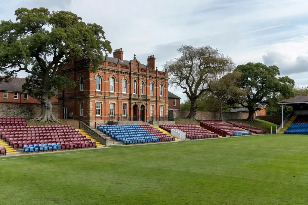 Historic English football ground with four separate stands, ornate red-brick facade, claret and blue seats