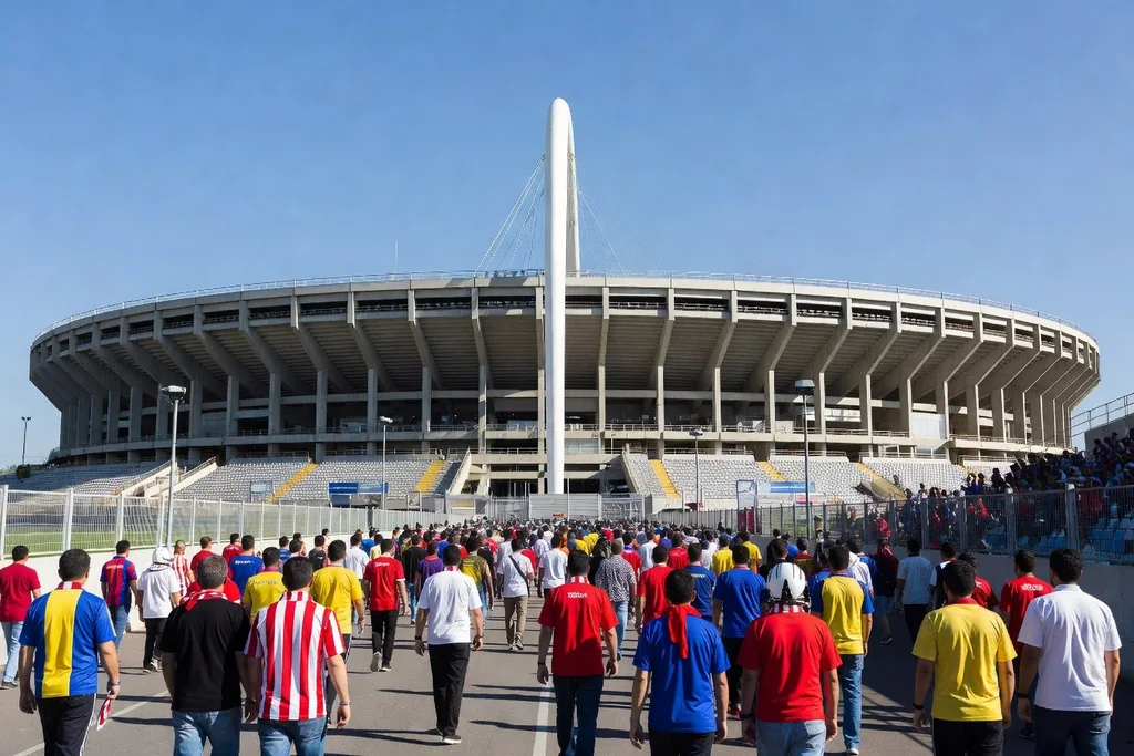 Enormous national football stadium with a tall white arch above the roof